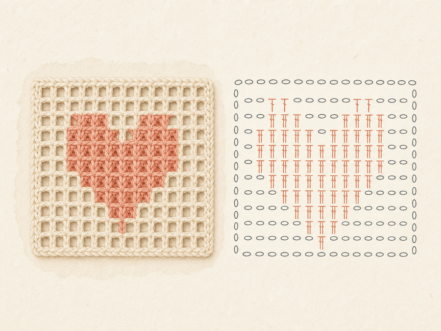 Filet Crochet Heart finished sample paired with its editable crochet chart