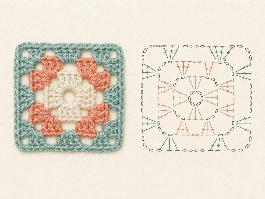 Classic Granny Square finished sample paired with its editable crochet chart