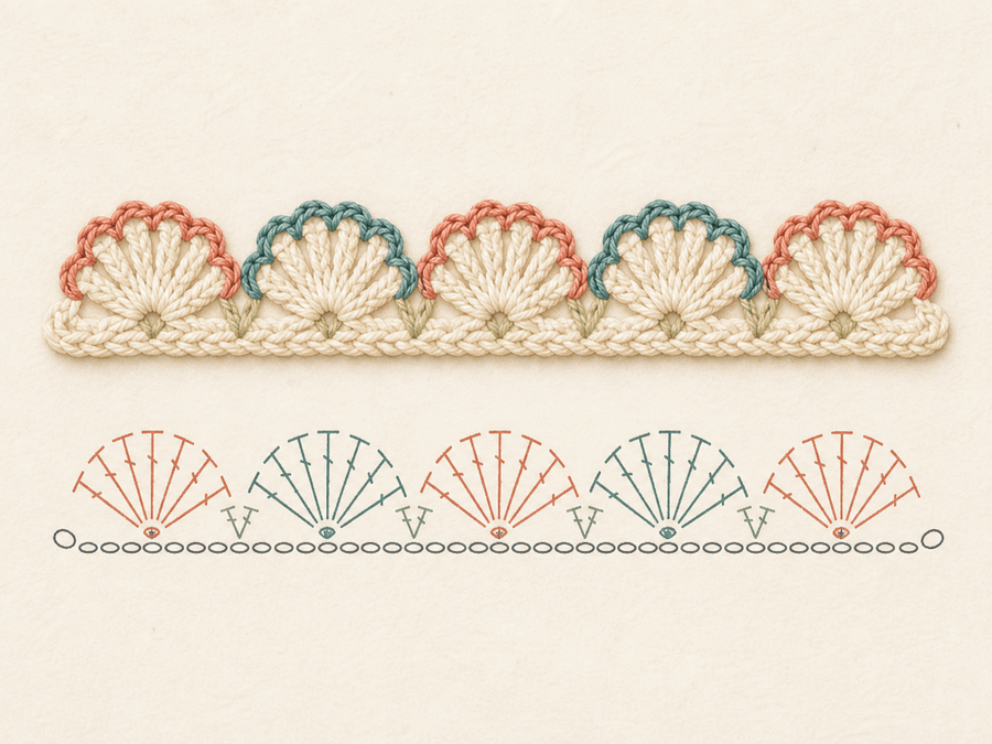 Shell Stitch Border finished sample paired with its editable crochet chart