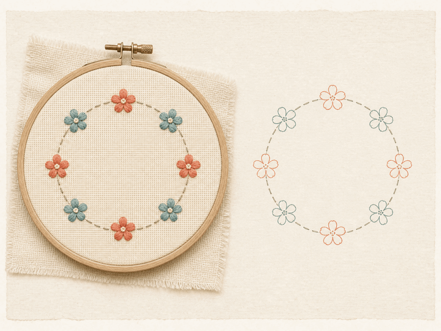 Daisy Wreath Hoop finished sample paired with its editable embroidery chart