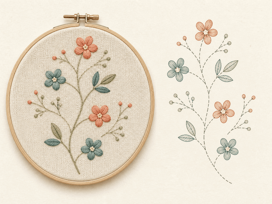 Wildflower Meadow Hoop finished sample paired with its editable embroidery chart