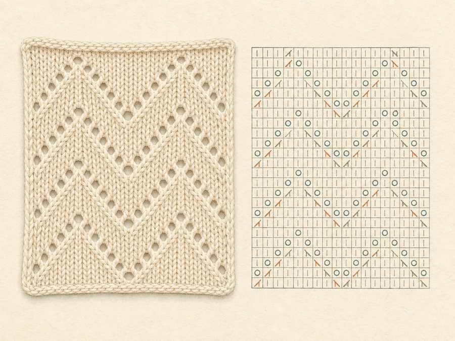 Chevron Lace Wrap Repeat finished sample paired with its editable knitting chart