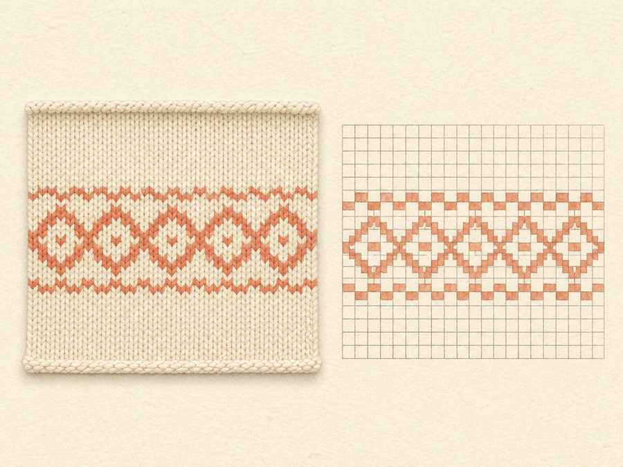 Nordic Colorwork Border finished sample paired with its editable knitting chart