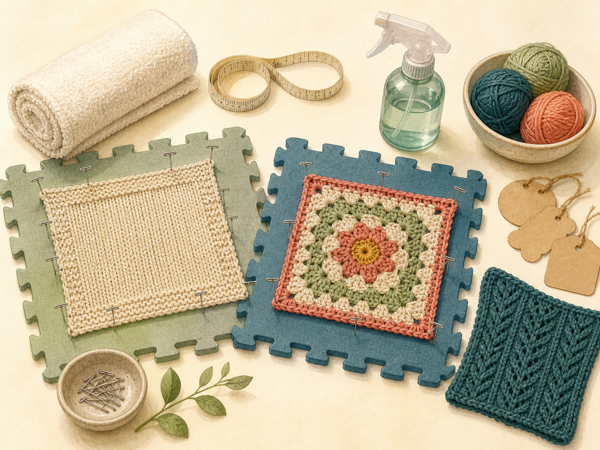 Knitted and crocheted samples shaped with pins on blocking mats beside a towel, spray bottle, and measuring tape