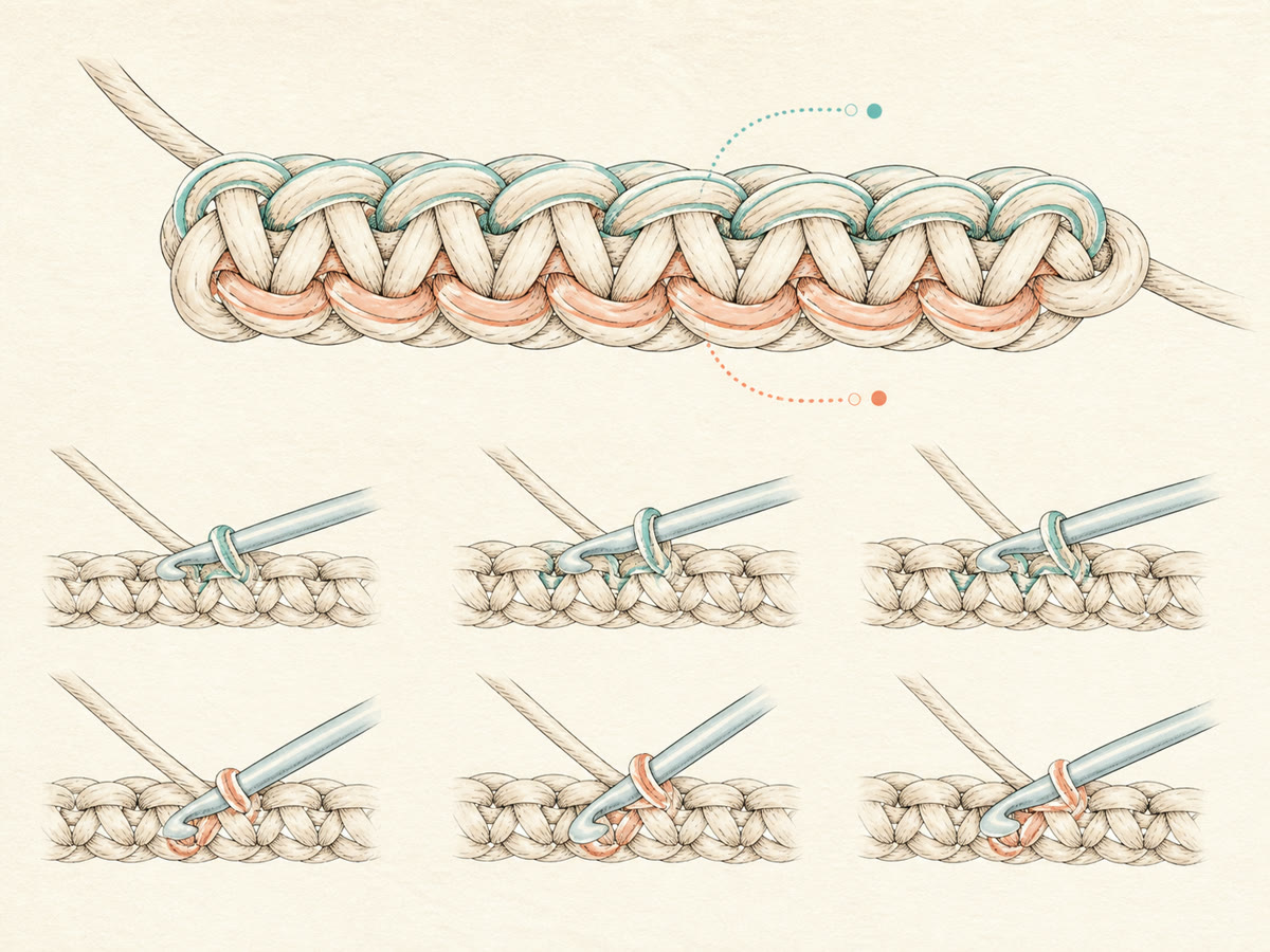 Fine-line drawing of crochet front and back loops with three hook-entry examples