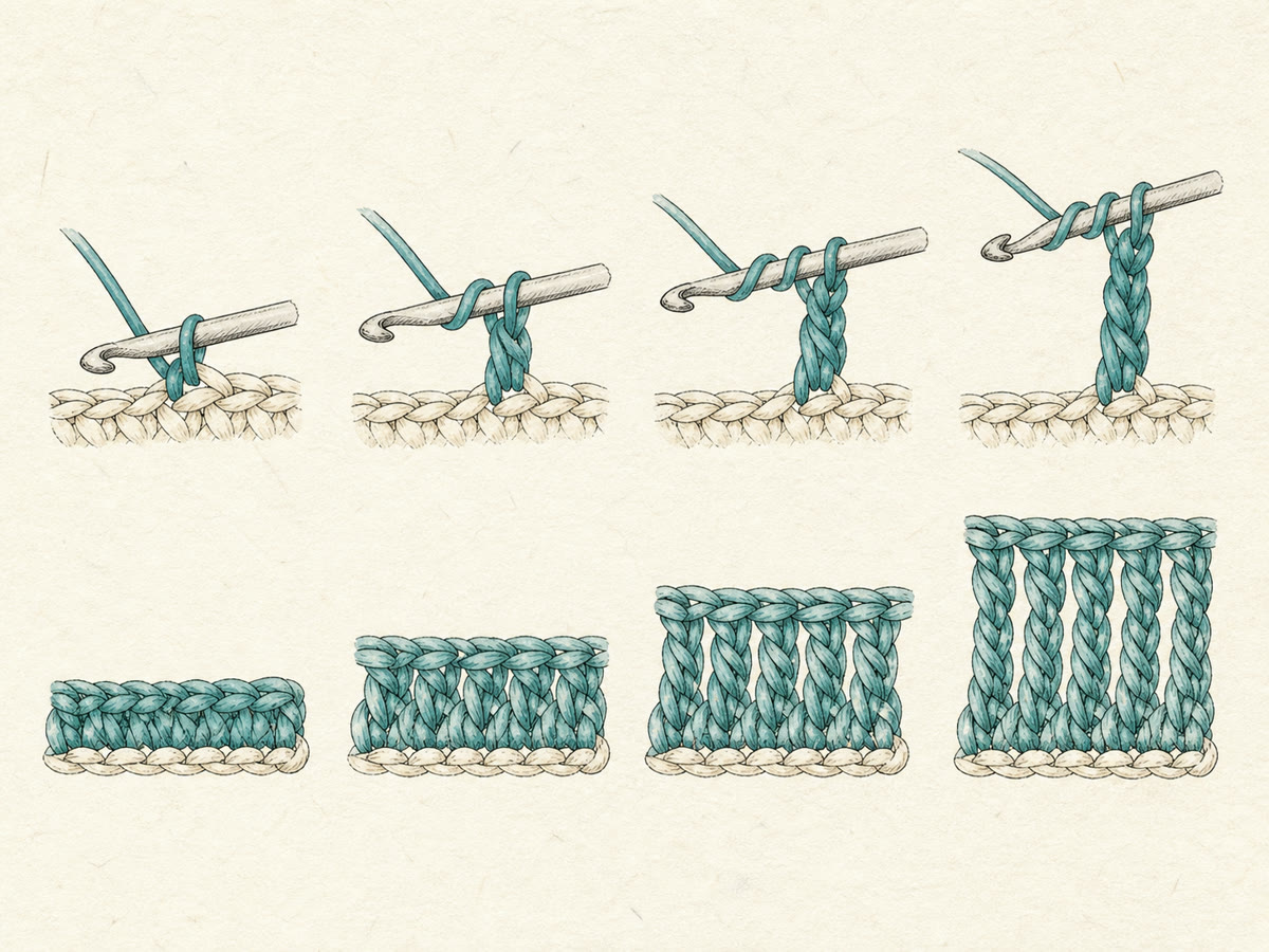 Fine-line drawing of four crochet stitches progressing from compact to tall posts