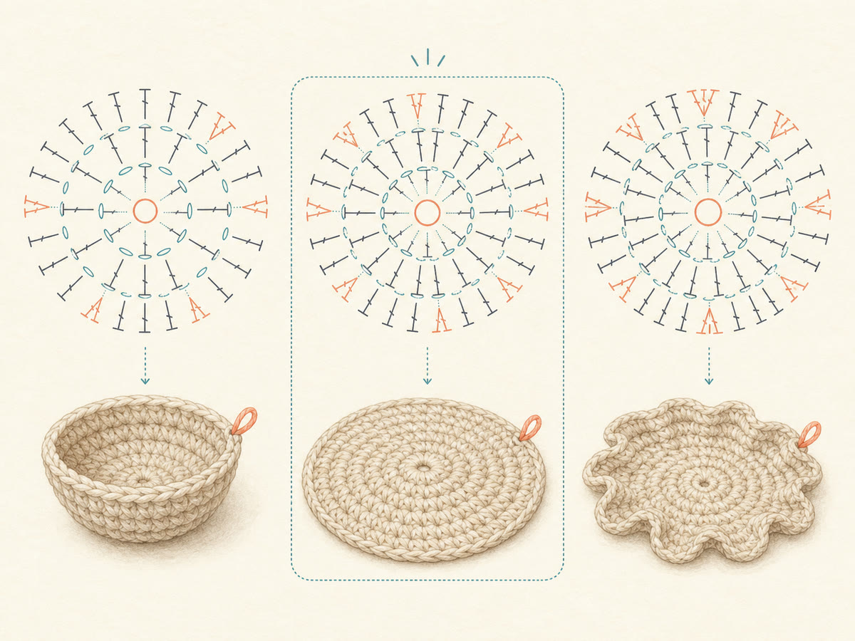 Instructional crochet diagram showing how evenly spaced increases control a round fabric shape