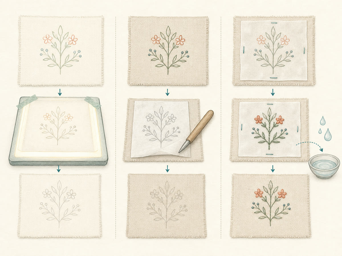 Instructional comparison of light tracing, transfer paper, and water-soluble stabilizer on fabric