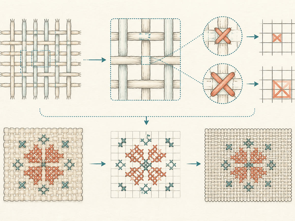 Instructional drawing of woven fabric cells and cross stitches spanning different thread groupings