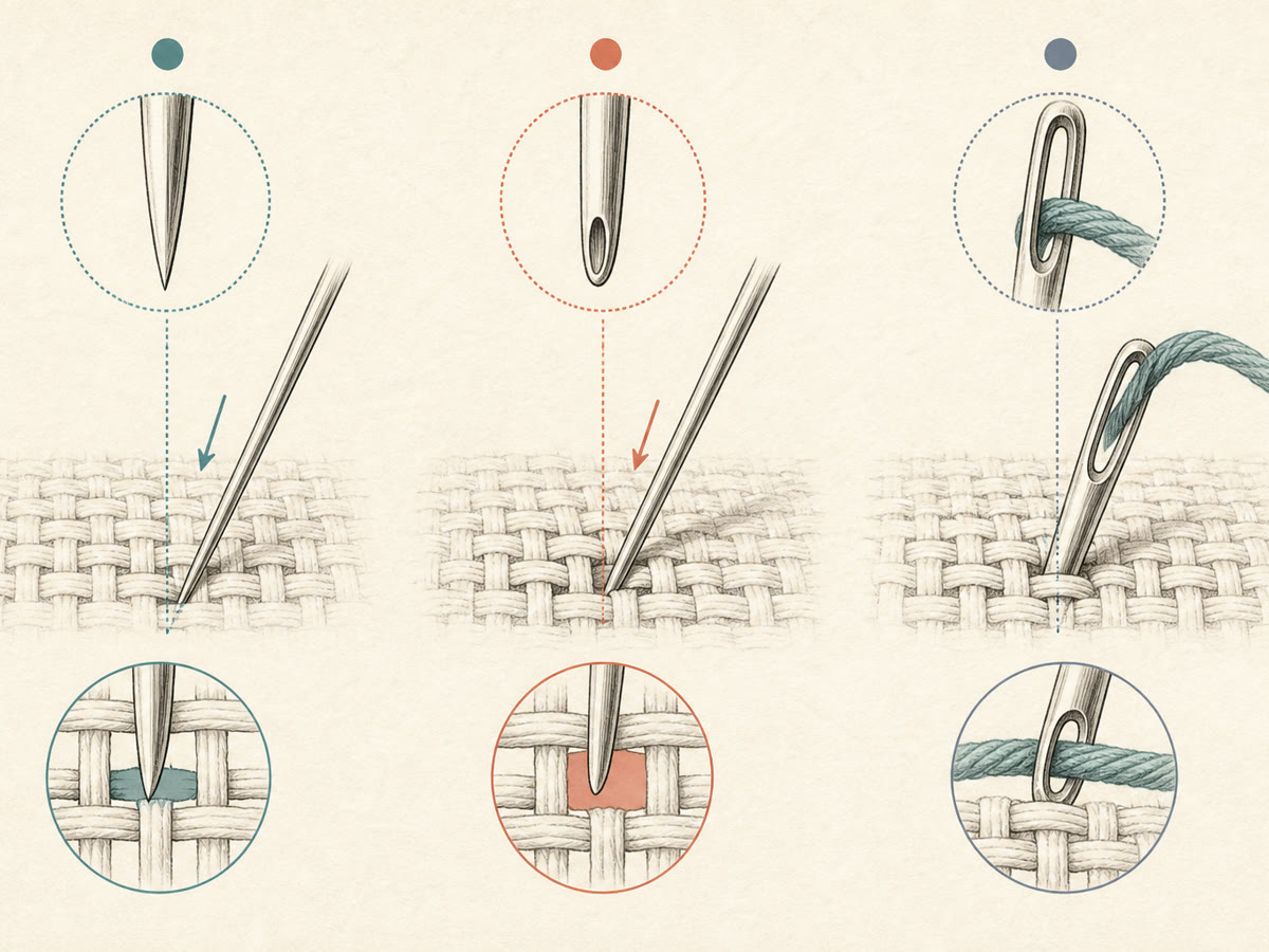 Instructional drawing showing how sharp, blunt, and large-eye needles interact with woven ground threads