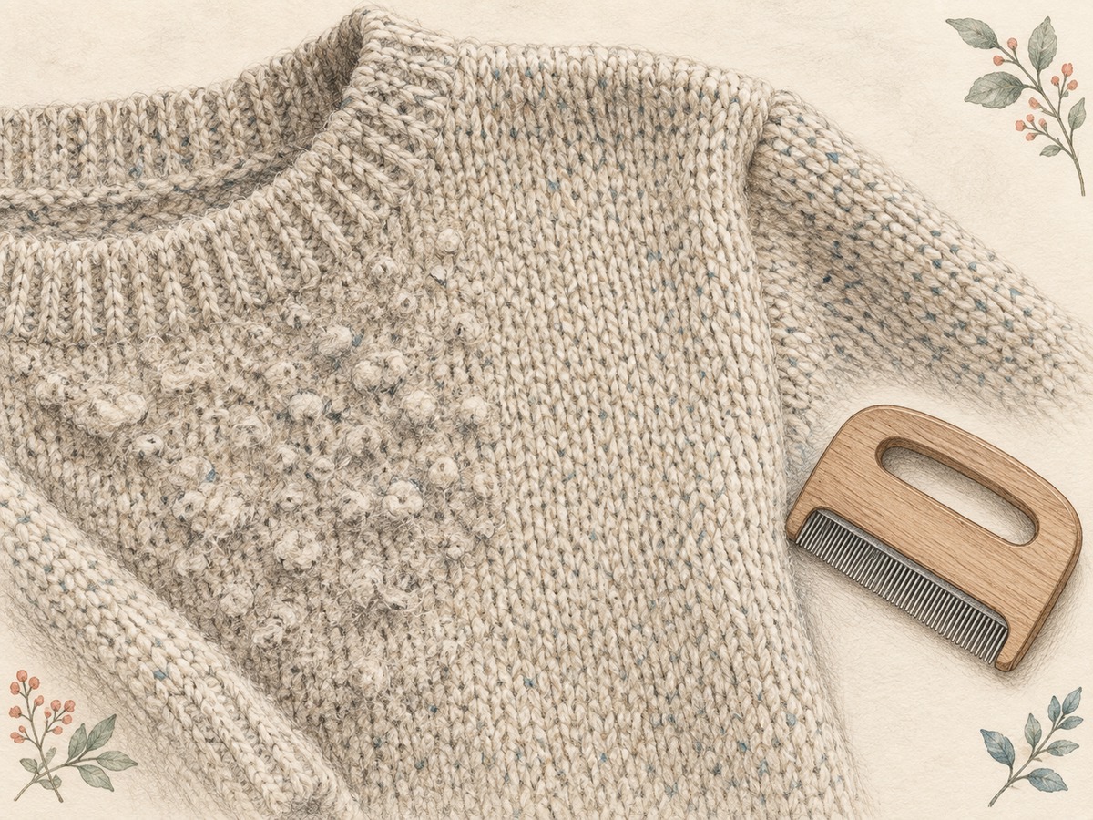 Illustration: A textile wear sample with a pilled patch next to an intact area, plus a cautious small fabric comb set aside for a sample test.