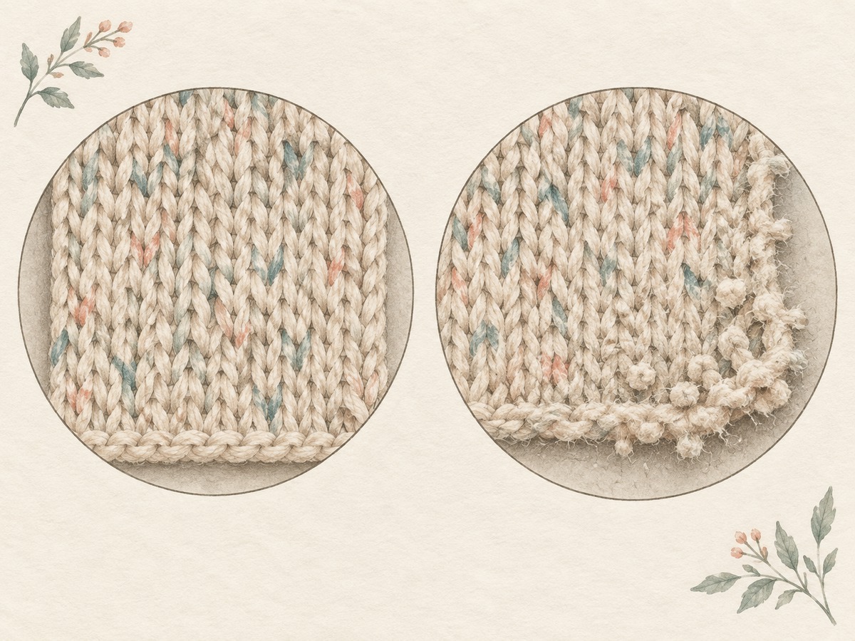 Illustration: Two close views of the same knitted material, one smooth and one with small pills and surface abrasion at a worn edge.