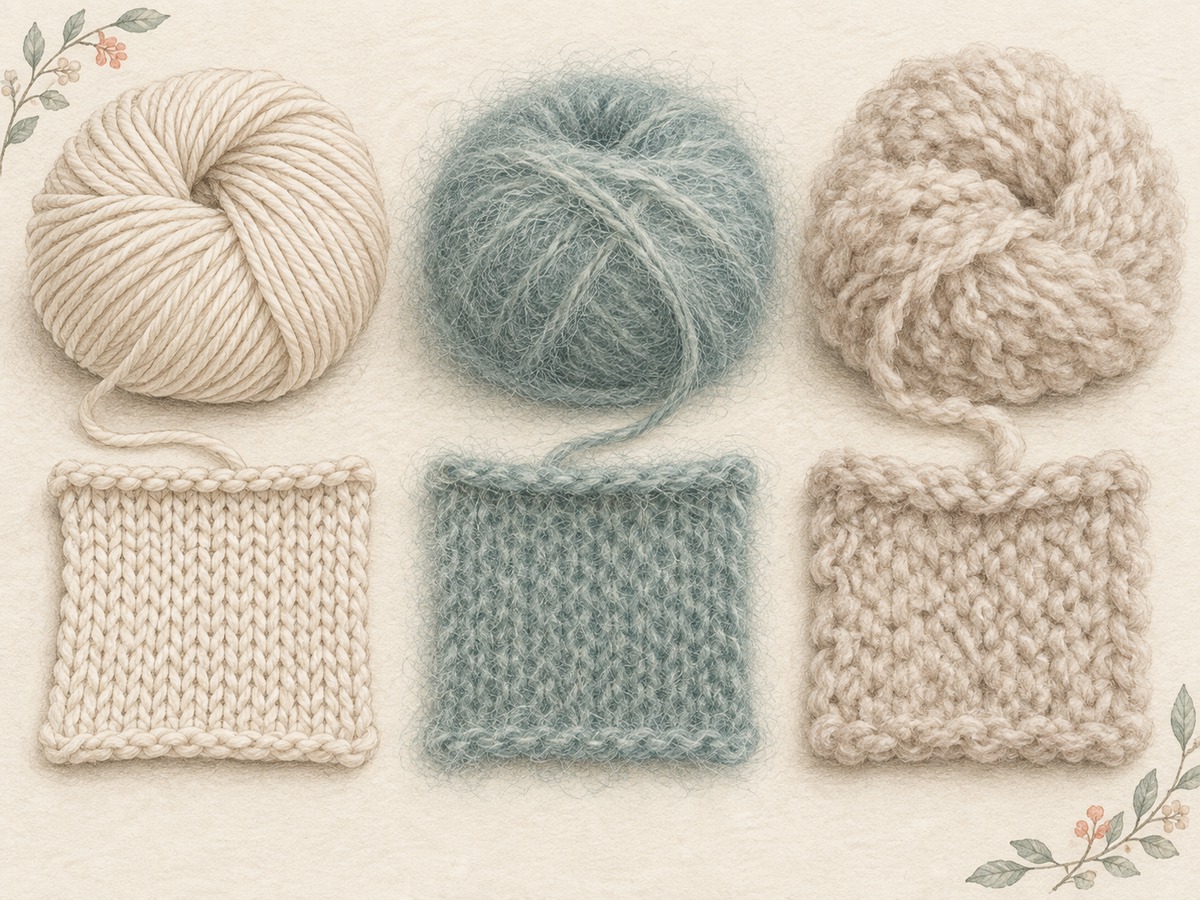 Illustration: A close comparison of smooth, haloed and fluffy animal-fiber yarns and the surface of three small finished swatches.