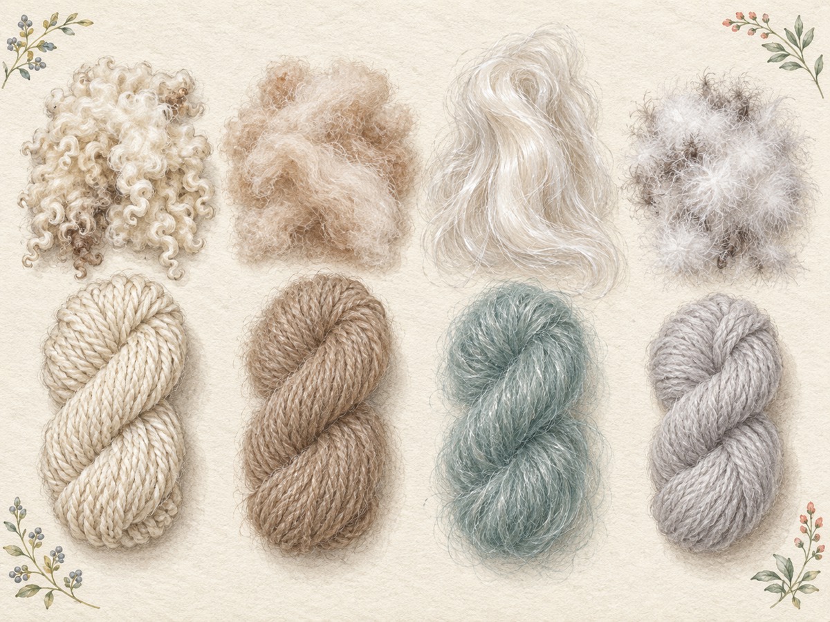 Illustration: Four small tufts showing fine crimpy wool, fluffy alpaca-like fiber, lustrous long mohair and soft down, beside corresponding yarn samples.