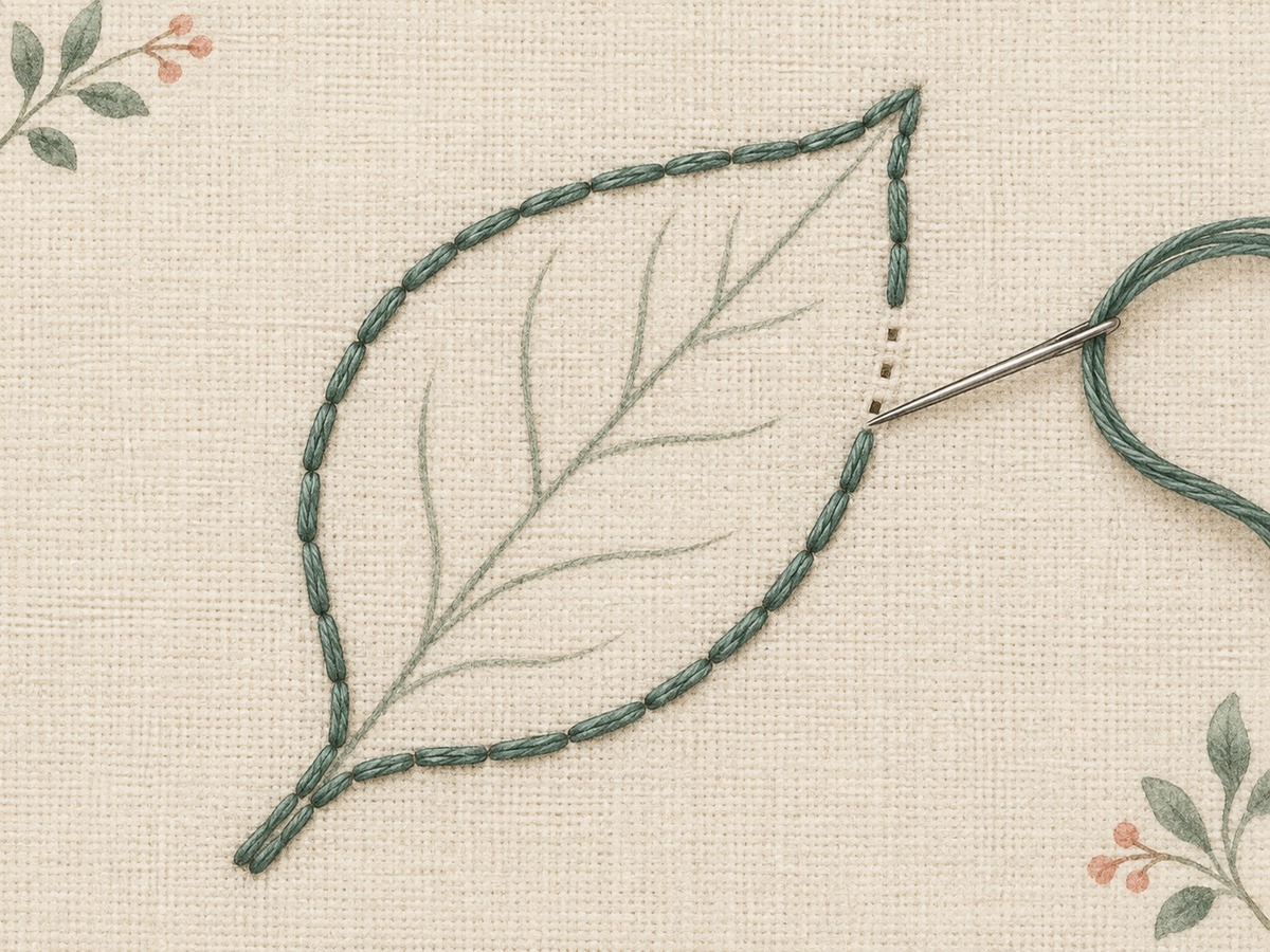 Illustration: Close view of consecutive short backstitches forming an even outline around a simple leaf, with a few unworked fabric holes visible.