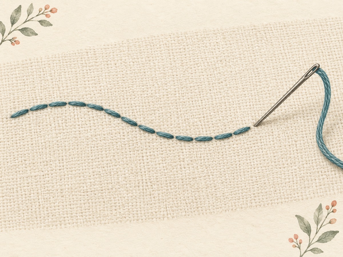 Illustration: A clean continuous line of teal backstitch following a gentle curve on cream linen, with a needle at the end of the line.
