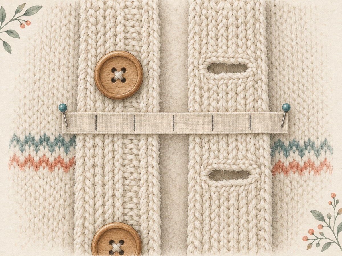 Illustration: Close view of a button and matching knitted buttonhole with a measuring strip marking equal gaps along the band, without numbers.
