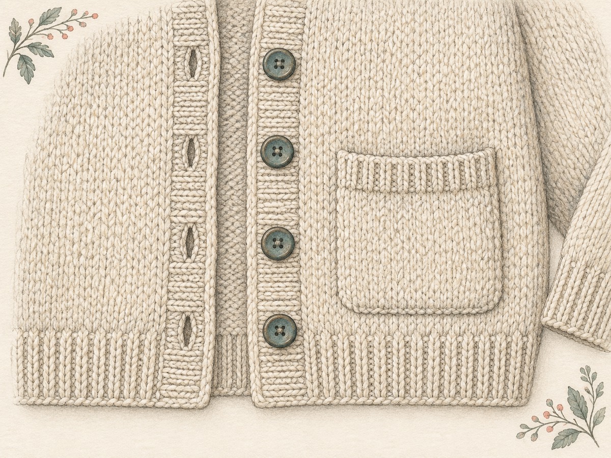 Illustration: A knitted cardigan edge with a neat button band, evenly spaced buttonholes and a small attached patch pocket.
