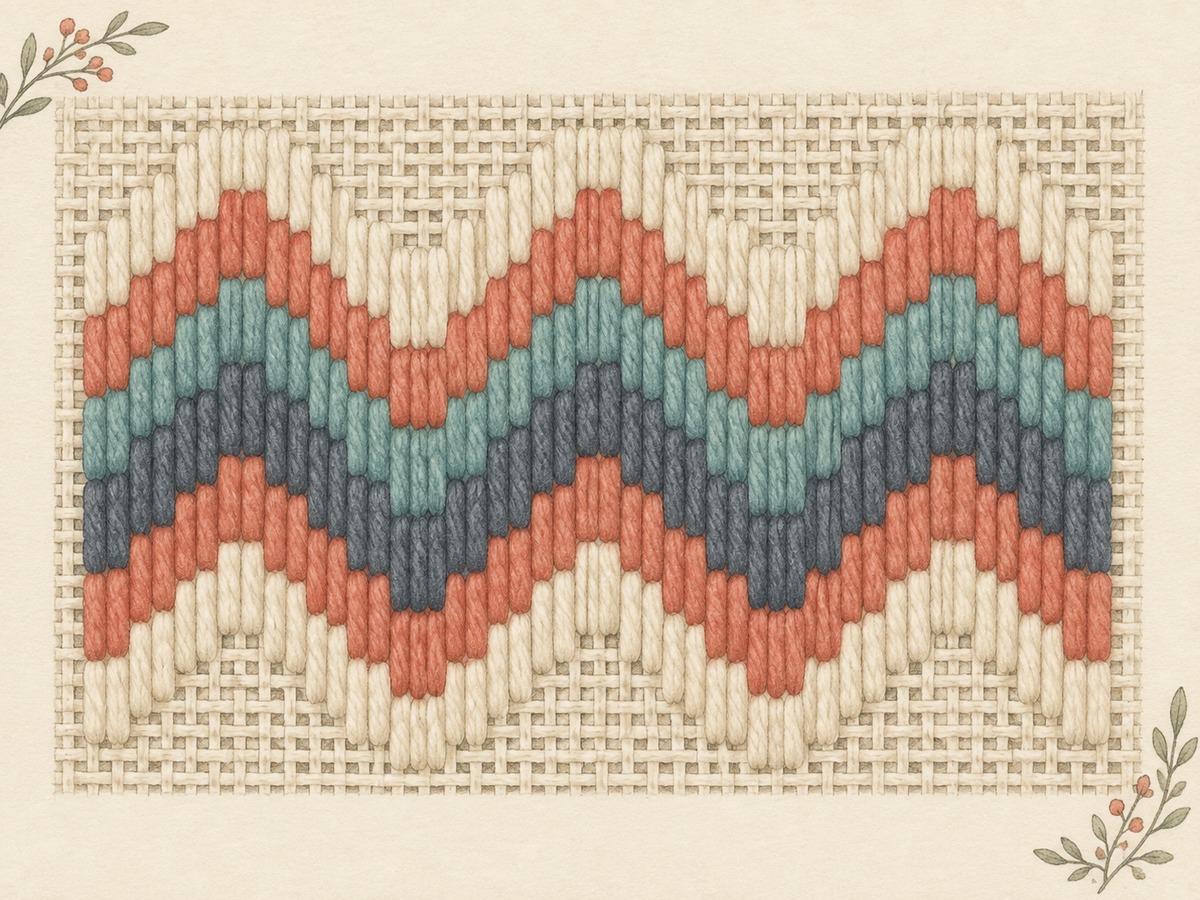 Illustration: Close view of long vertical canvas stitches arranged in a repeated stepped wave, with consistent alignment to the canvas grid.