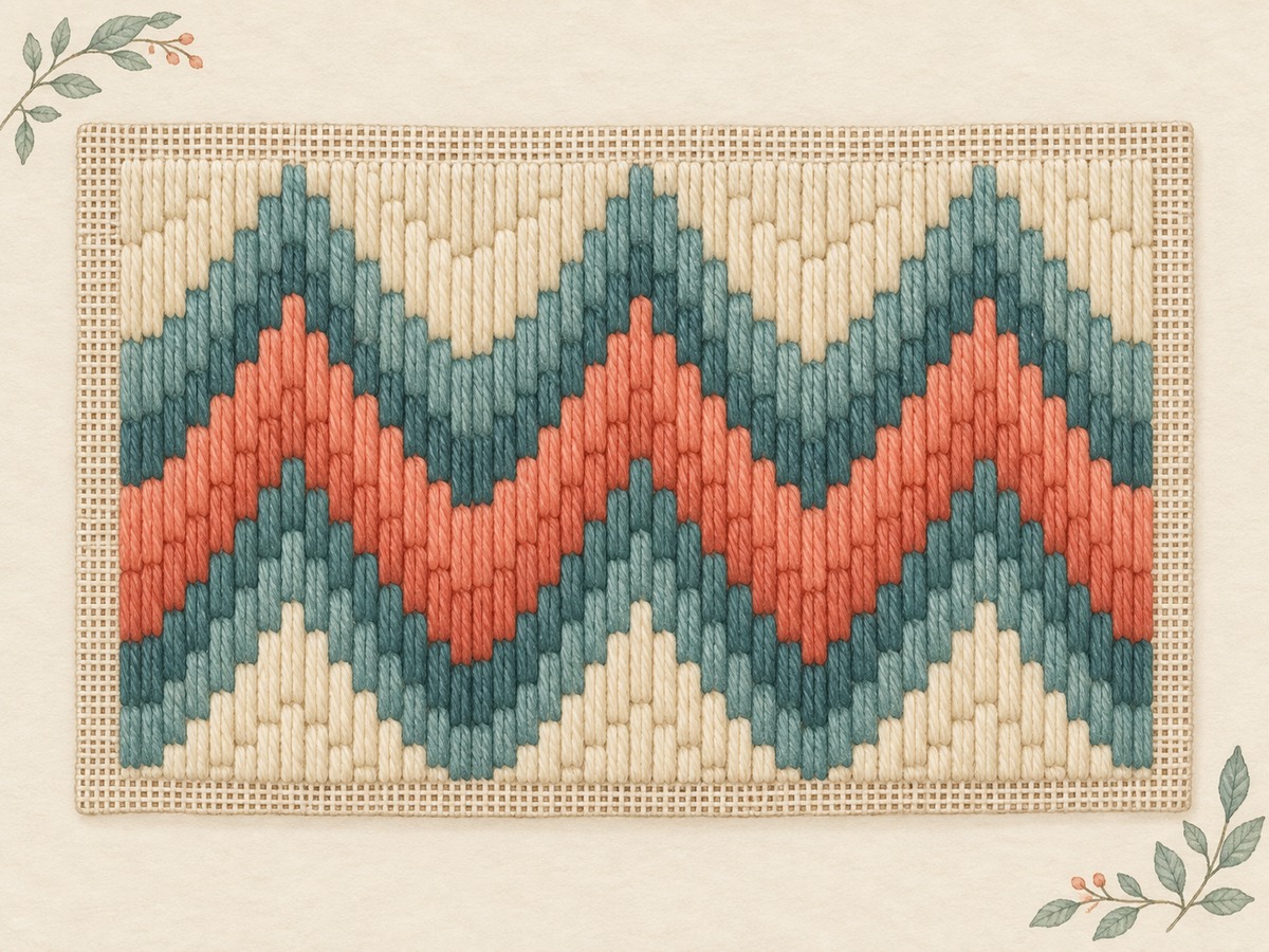 Illustration: A needlepoint Bargello panel with stepped vertical stitches forming repeated flame-like waves in cream, teal and coral.