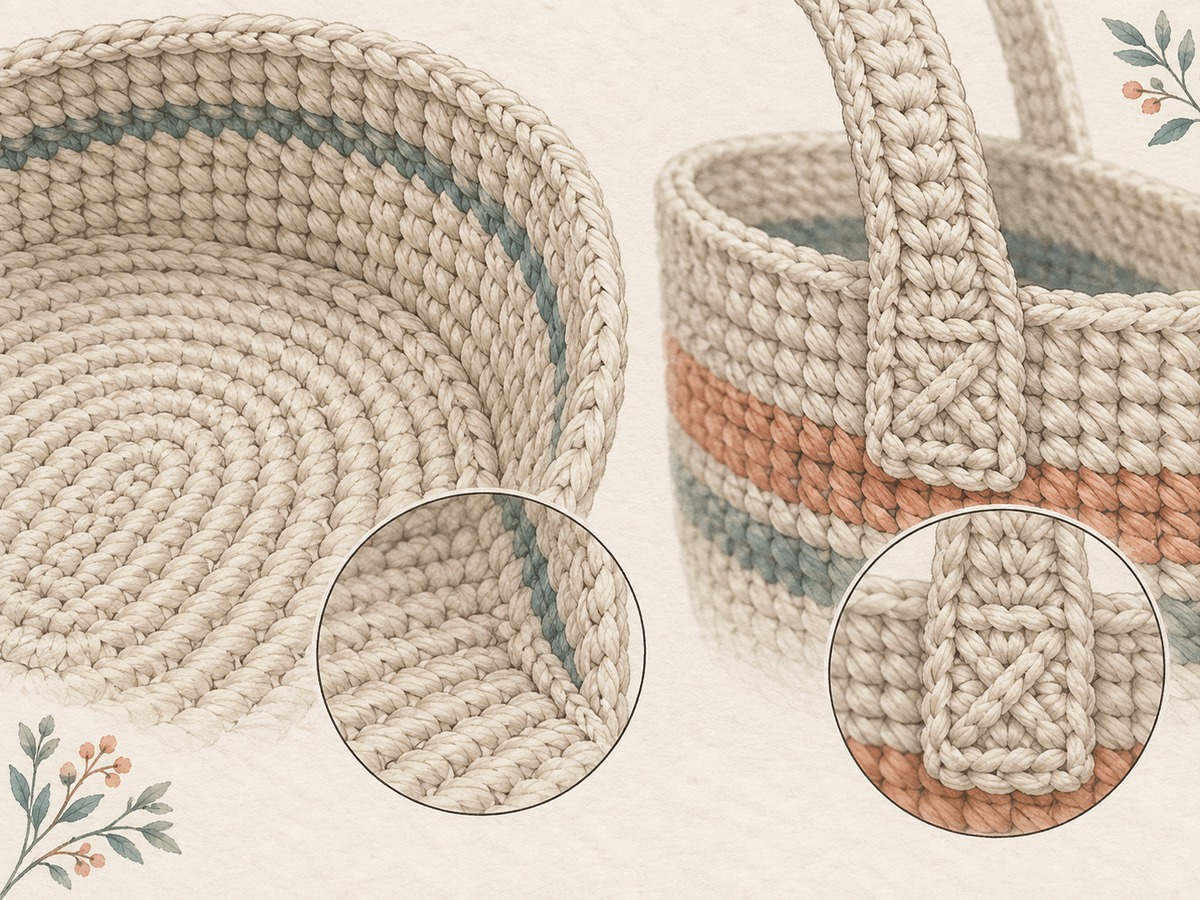 Illustration: Close comparison of a basket base-to-wall transition and a dense crochet handle attachment, showing firm fabric and supported joining areas.
