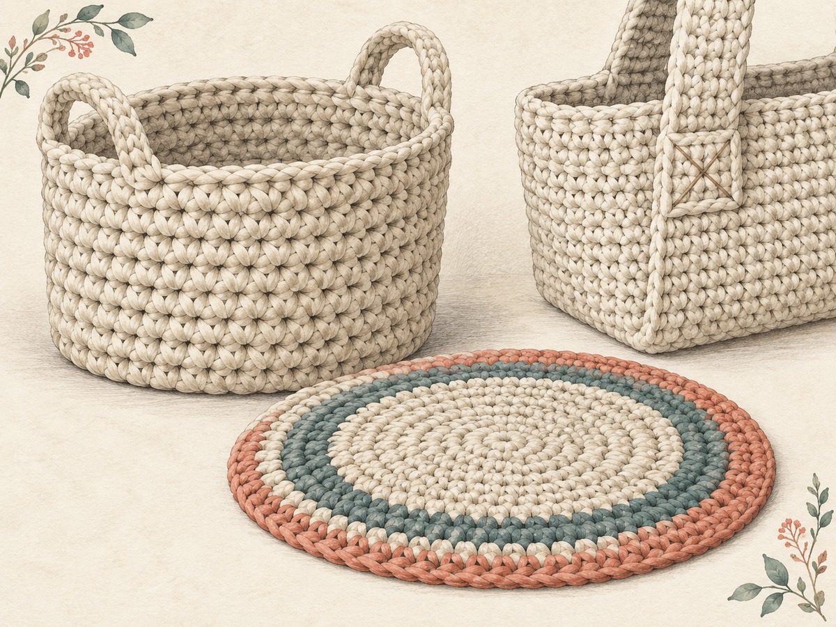 Illustration: A sturdy crocheted basket, a dense tote corner and a small flat rug sample, all in thick natural yarn with firm structural stitches.
