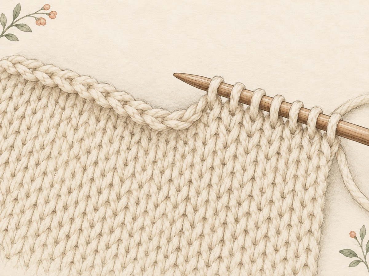 Illustration: Close view of a neat bound-off edge bending gently beside a live-stitch edge on a needle, showing the change from open loops to a secured chain.