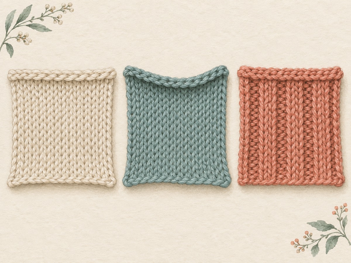 Illustration: Three completed knitted edges with a firm chain edge, a flexible edge and a ribbed edge, each attached to a modest matching swatch.