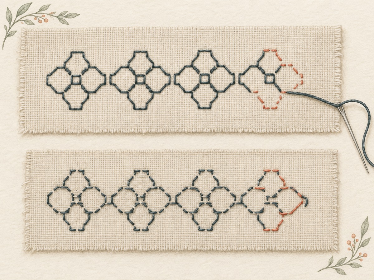 Illustration: Front and reverse views of a small double-running geometric blackwork path, with a partly completed repeat showing its return route qualitatively.