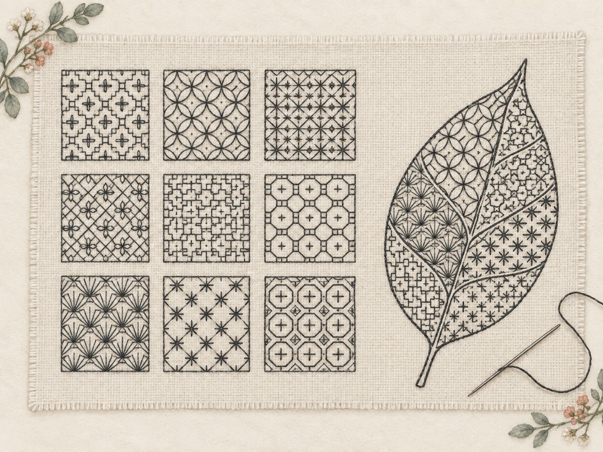 Illustration: A blackwork sampler of delicate repeating geometric fills on pale evenweave, with one outlined leaf filled by the repeats.