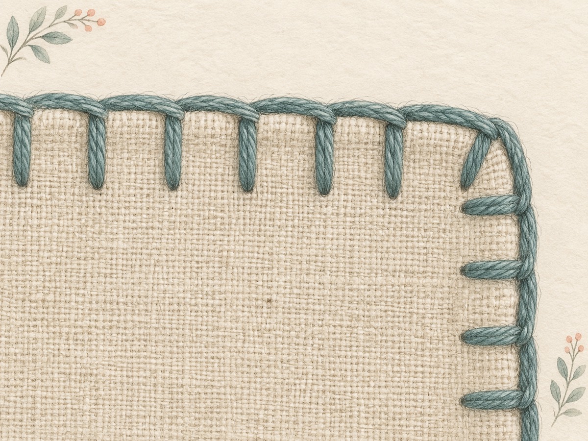 Illustration: Close view of the perpendicular legs and continuous edge loops of blanket stitch, with the edge of the fabric clearly visible.