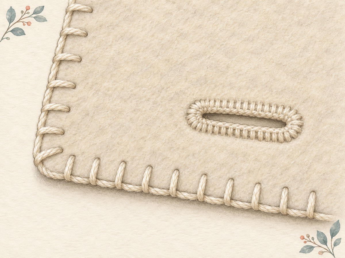Illustration: A cream felt edge finished with evenly spaced blanket stitches beside a compact buttonhole-stitched opening.