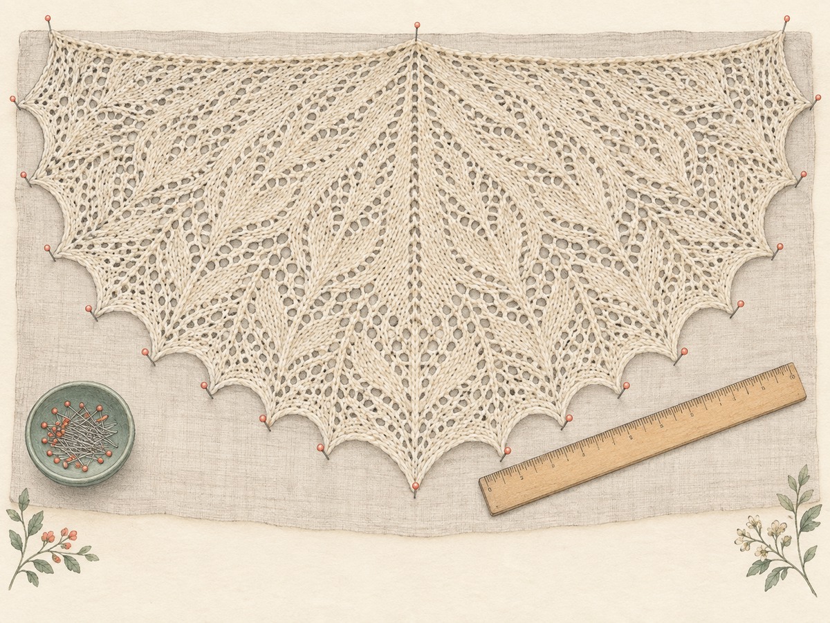 Illustration: A lace wrap laid flat with its scalloped edge gently pinned, clear open motifs and a ruler placed inside the edges.