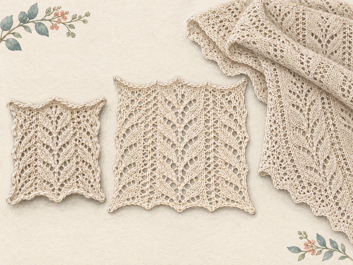 Illustration: An unblocked compact lace sample beside the same motif opened and relaxed after blocking, with a light lace wrap folded nearby.