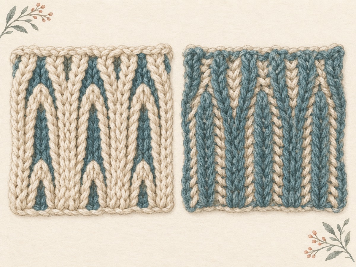 Illustration: Close views of both faces of two-color brioche fabric, with nested elongated ribs and contrasting recessed stitches.