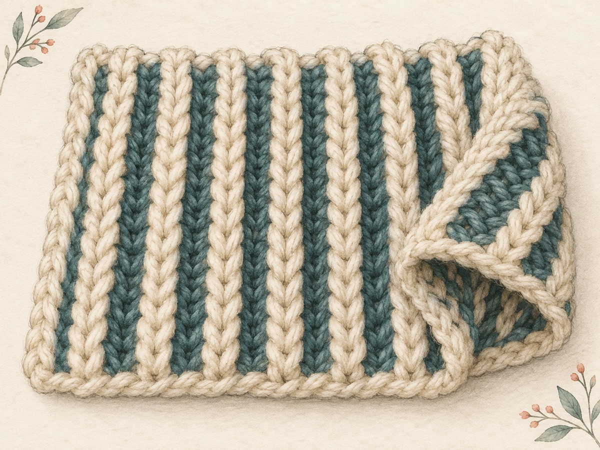 Illustration: A thick two-color brioche knitted sample with deeply raised cream ribs and teal recessed columns, beside a folded edge revealing its loft.