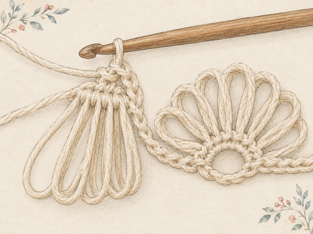 Illustration: Close view of a small group of long loops being gathered together by crochet stitches, with the finished fan-shaped opening beside it.