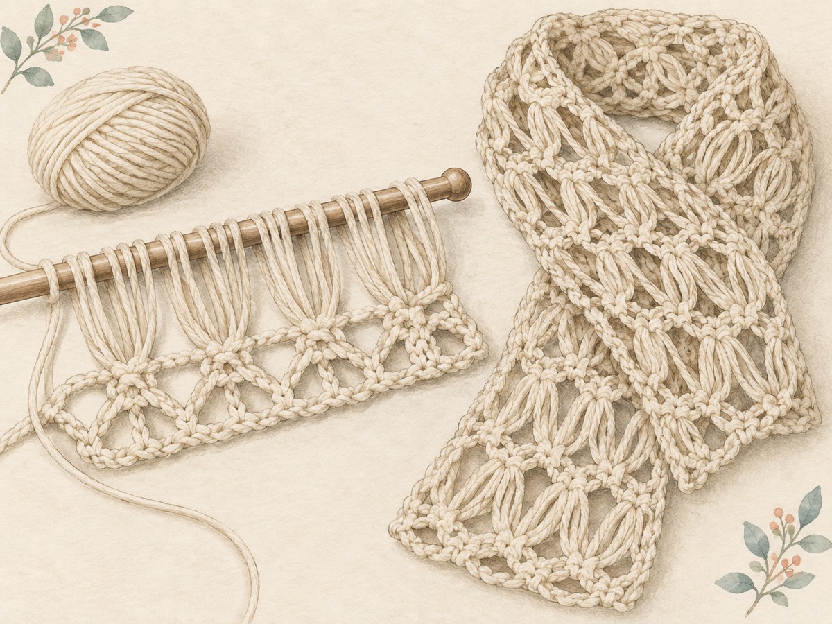 Illustration: A crochet lace strip with grouped elongated loops and a large smooth needle used to hold them, beside a completed airy scarf section.