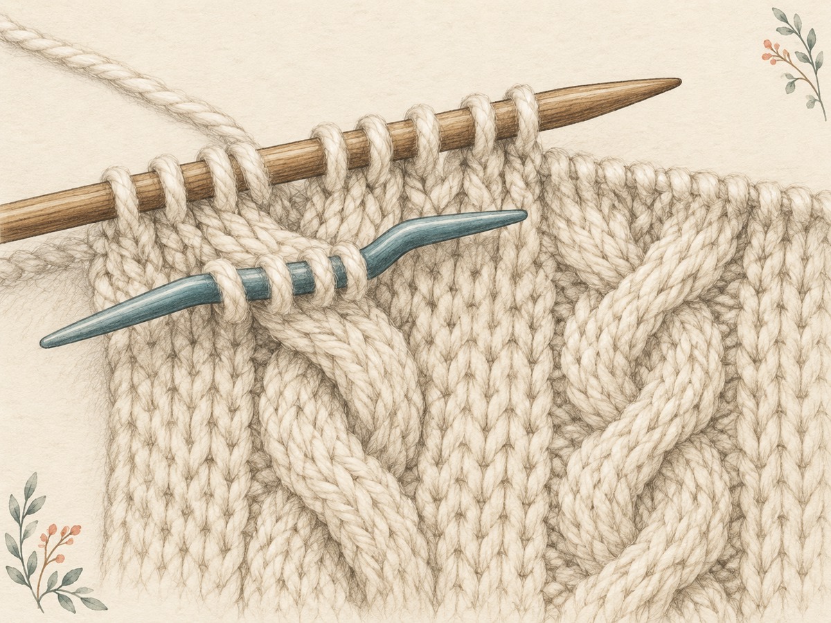 Illustration: A close oblique view of one cable crossing, with a short cable needle holding a small group of loops in front of the main needle, plus a completed crossing nearby.