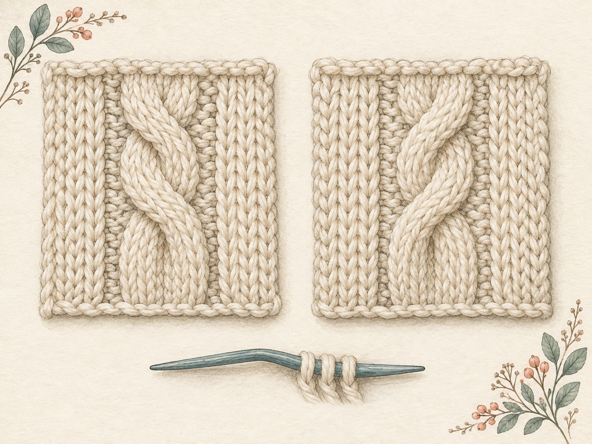Illustration: Two cream knitted cable swatches with opposite crossing directions, purl gutters and a small cable needle holding loops beneath them.