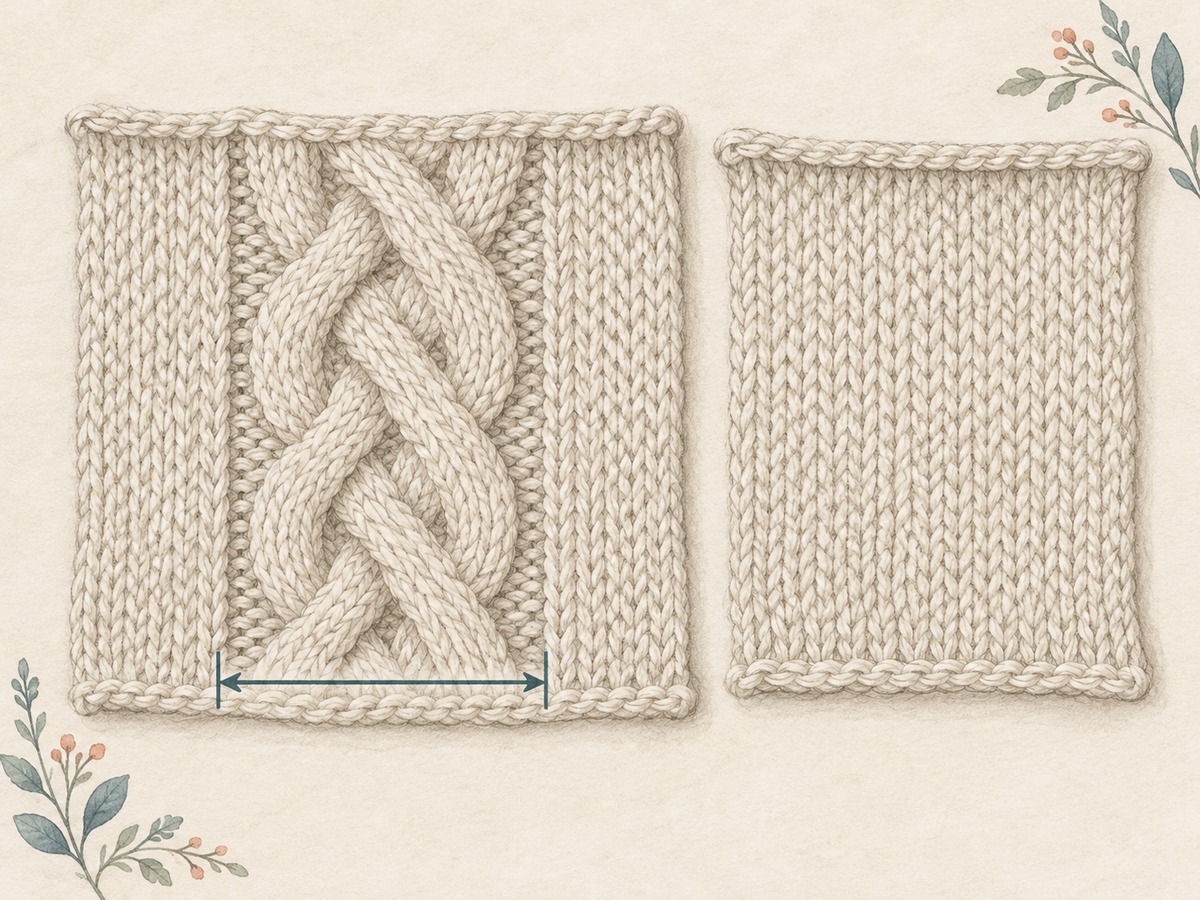 Illustration: A wide cable repeat measured across its purl gutters, with the entire relaxed cabled width visible and a plain comparison sample nearby.