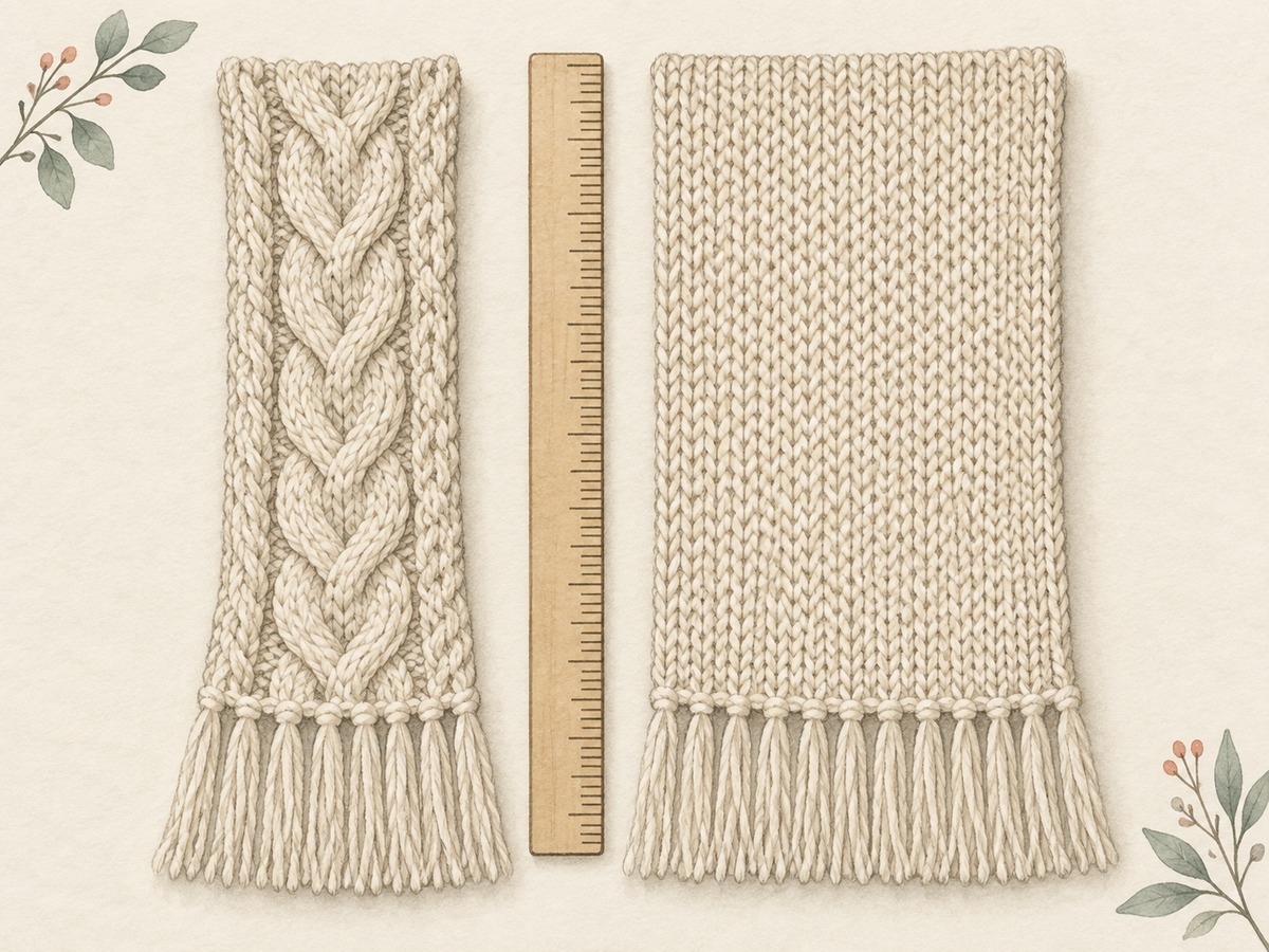 Illustration: A cabled scarf panel visibly narrower than a plain knitted comparison panel, both relaxed beside a ruler with unnumbered ticks.