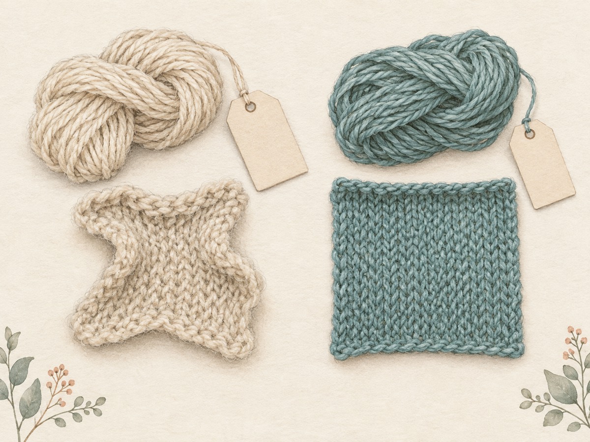 Illustration: Two dried test swatches beside their own matching yarn bundles and plain care tags, with one distorted and one unchanged sample clearly separated.