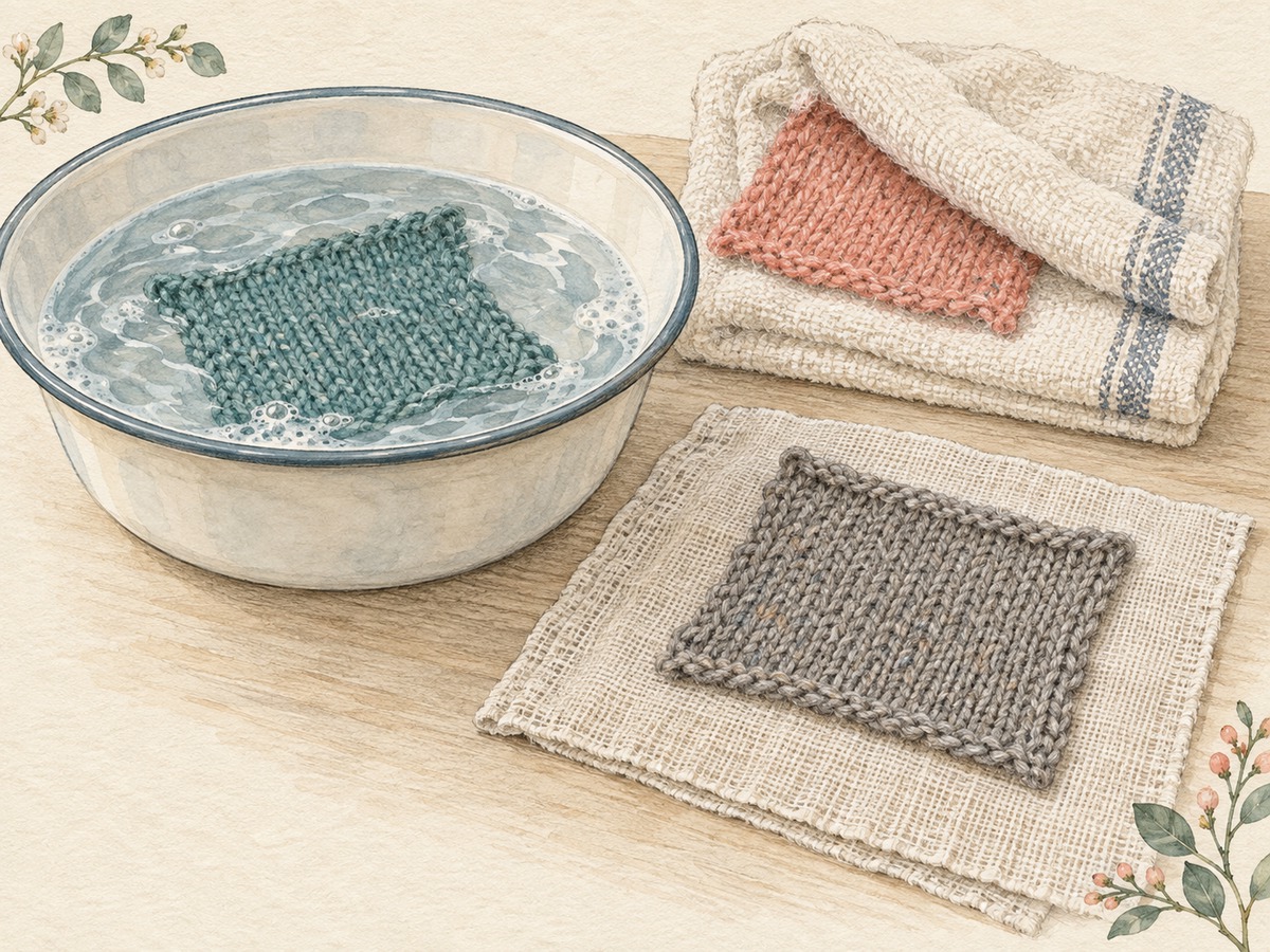 Illustration: A small yarn and fabric care trial: sample in a shallow wash basin, a second sample pressed gently in a towel and a third drying flat.