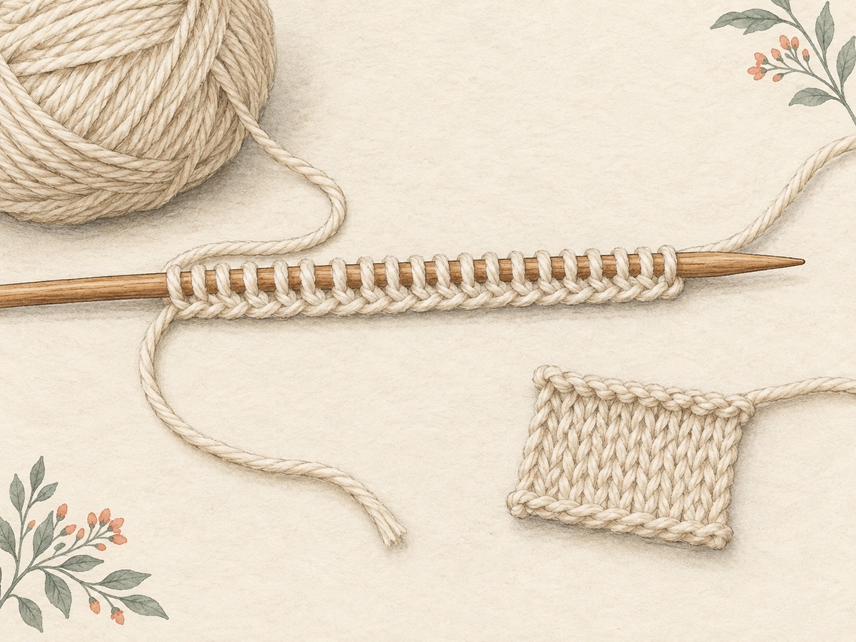 Illustration: A close view of a knitted starting edge with two clearly separated yarn ends, one leading to the ball and one reserved as the tail, beside a small allowance test.