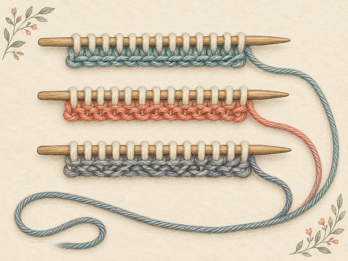 Illustration: Three narrow knitted starting-edge samples with visibly different edge structures, a knitting needle holding loops and a long yarn tail laid alongside.