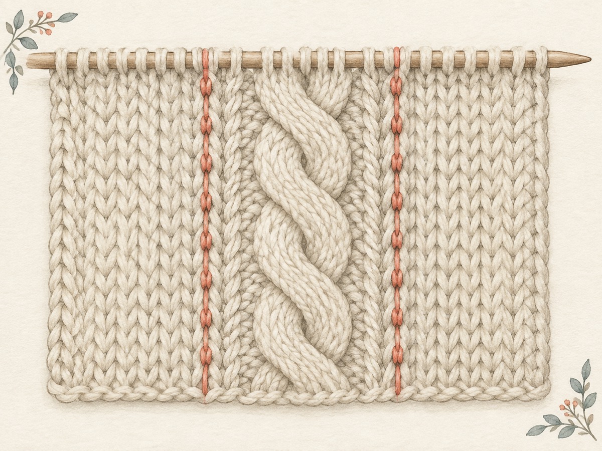 Illustration: Close view of an unchanged central cable flanked by added columns of plain stitches, with boundary markers clearly separating motif and side panels.