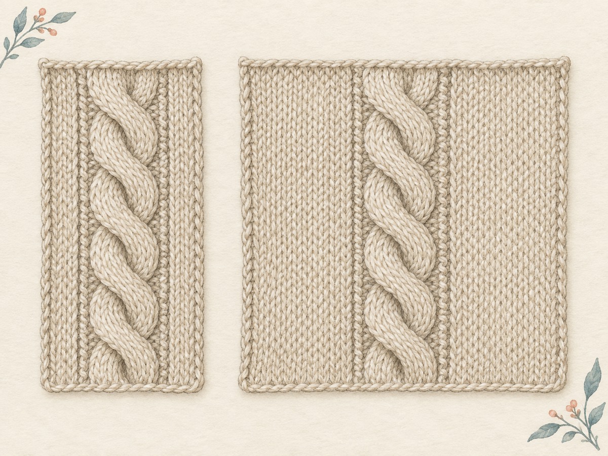 Illustration: Two knitted panels sharing an identical central cable motif, one with wider plain side sections for extra width.