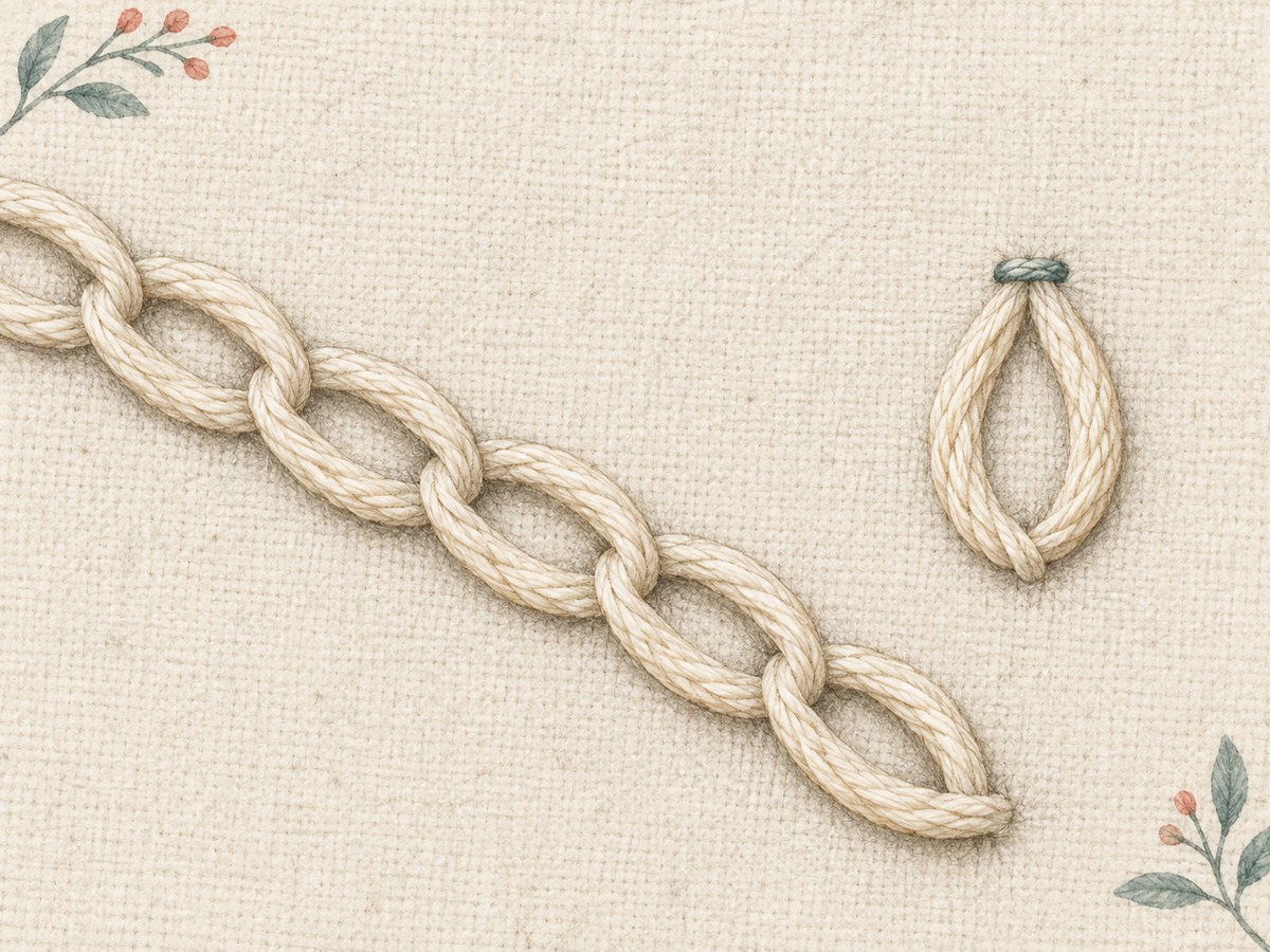 Illustration: Close view of linked oval chain stitches and one detached chain held by a tiny anchoring stitch at its tip.