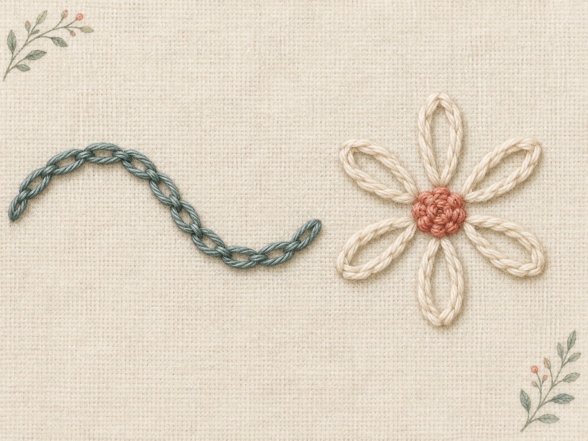 Illustration: A looped chain-stitch line beside several detached-chain petals forming a simple daisy on cream linen.